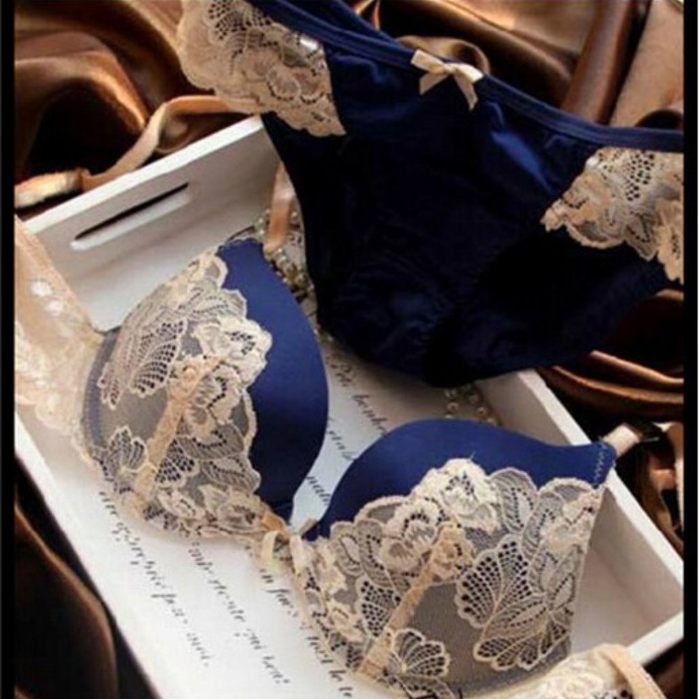 Blue Lace Panties Lingerie Bra Underwear Set